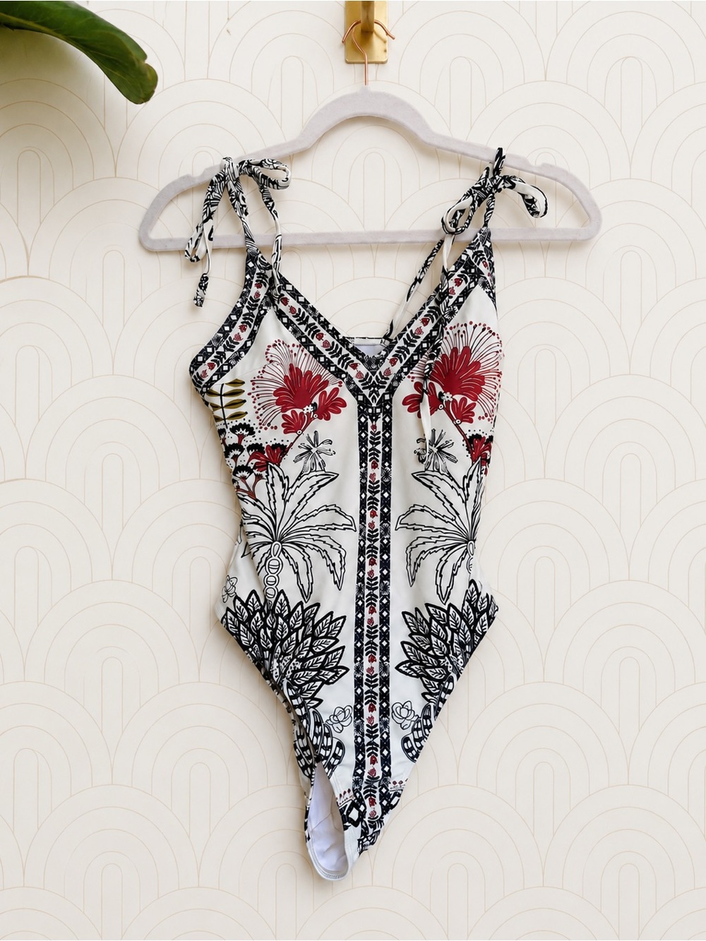 SHEIN White One-Piece Swimsuit with Red & Black Floral Print